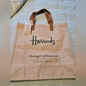 Large Harrods Tote Bag with leather straps and embroidered Harrods words